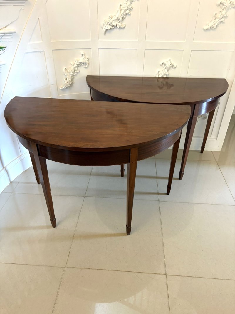 Large Pair of Antique George III Quality Figured Mahogany Demi Lune Shaped Console Tables